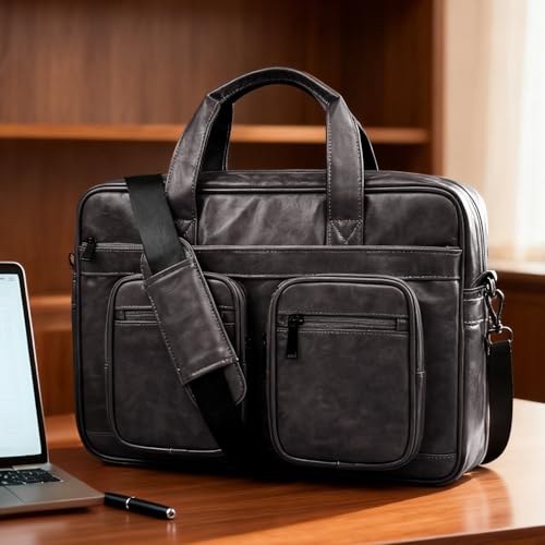Image of MOCA PU Leather Laptop Bag for Men & Women | Office Briefcase | Multi-Pocket Messenger Bag | Fits 15.6 Inch Laptop | Adjustable Shoulder Strap