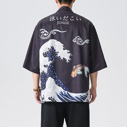 Image of PRIJOUHE Men's Japanese Kimono Cardigan Jackets Casual Long Sleeve Open Front Coat Lightweight Yukata Outwear
