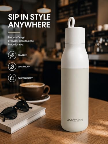 Image of Slim insulated Stainless Steel Water Bottle with Handle, Vacuum Double Wall, Leakproof Lid, Fits Car Cup Holder, Minimalist Design (1-pack)