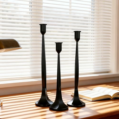 Iron Taper Candle Holder Set of 3 | 12 14 15.5 | Fits 7/8 Candles | Tapered Black Candle Holders Tall Set | for Wedding Dining Table Home Decor