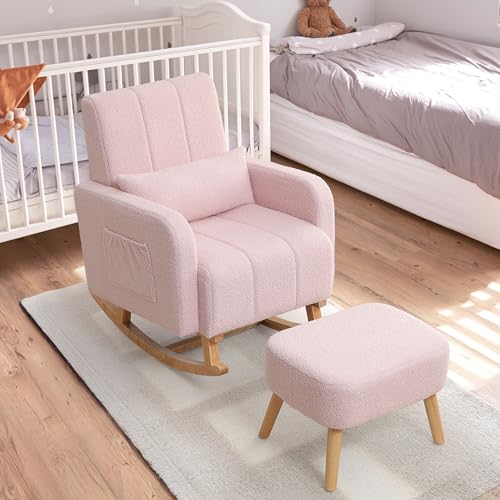 Image of HCHAIRH Rocking Chair with Ottoman, Upholstered Glider Rocker Armchair with High Backrest and Side Pocket, Comfy Reading Chair with Solid Wood Legs for Nursery, Living Room,Bedroom, Pink