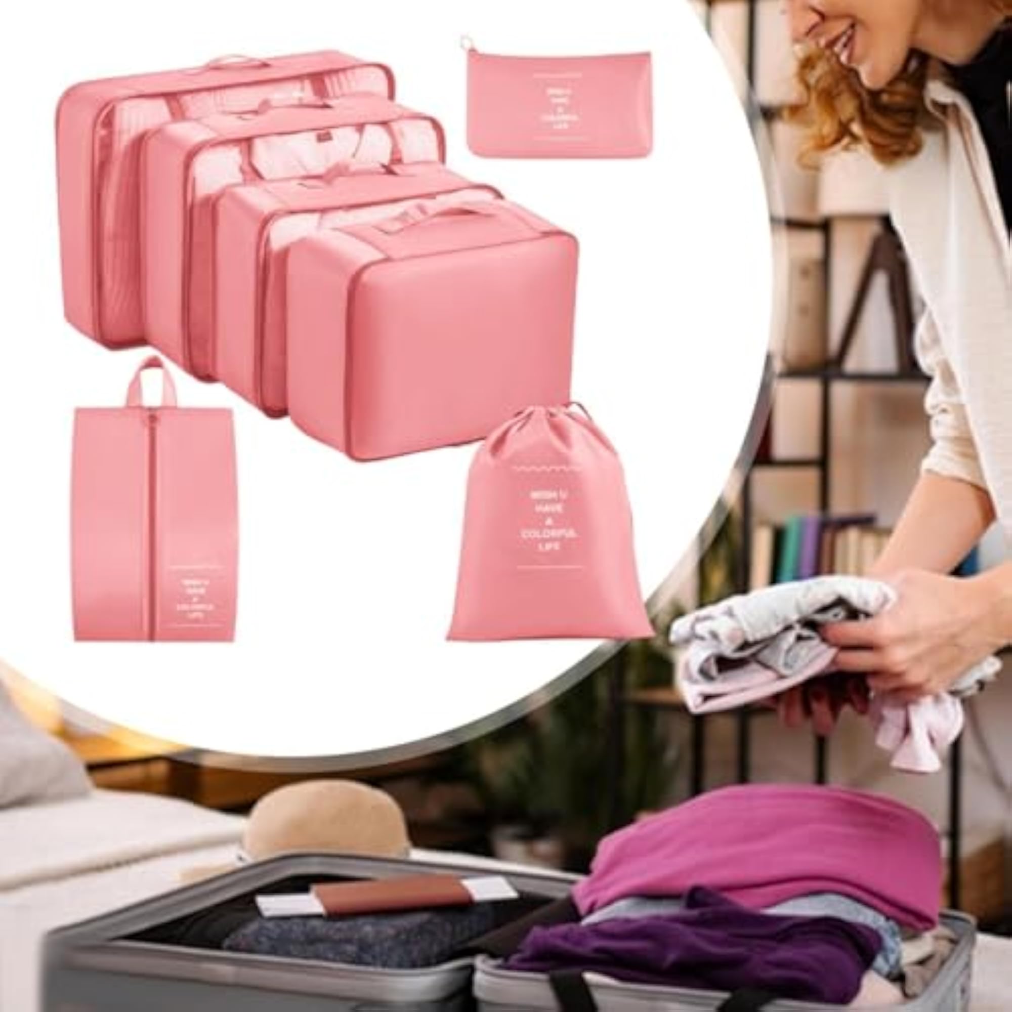 7pc Pink Packing Cubes Set for Organising Luggage