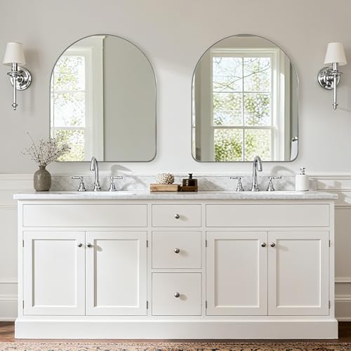 Image of ANDY STAR Arched Mirror, 30 x 36 Inch Polished Chrome Wall Mirror in Stainless Steel Metal Frame, Arch Top Rounded Corner 1 Inch Deep Set Design Wall Mount Hangs Vertical