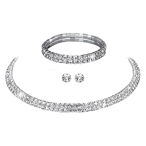 Wedity Bridal Crystal Necklace Silver Earrings Bracelet Set Wedding Choker Necklaces Wedding Jewelry for Women and Girls (2 layer) Cover