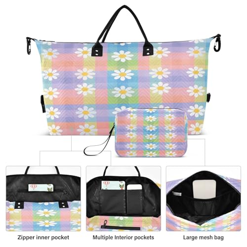 CEBUGI Plaid Daisy Flowers Quilted Duffle Bag for Women Large Carry On Travel Weekend Bag Hospital Bags for Labor and Delivery2