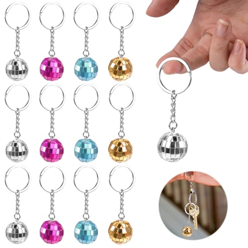 12 peças porta-chaves de bola de discoteca, 8,5 x 2,5 cm porta-chaves giratórios com mostradores decorativos com acabamento espelho, para anos 70, Natal, Halloween, casamentos, festas em casa (prata