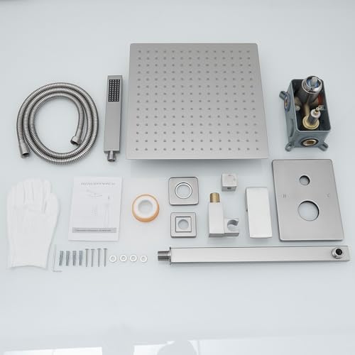 Image of Shower Faucet Set Complete, Wall Mount Shower System for Bathroom 12 Inch High-Pressure Rainfall Shower with Handheld, Rough-in Valve Body and Trim Kit, Brushed Nickel