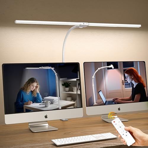 Doppelkopf Schreibtischlampe LED Dimmbar，1200 Lumen Schreibtischleuchte klemmbar mit 5 Farbtemperaturen und 5 Helligkeiten für Home Office，Augenschutz büro tischlampe mit Schwanenhals,Monitor Lampe