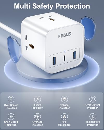 Image of FEDUS Surge Protector, 3 Way Cube Shape Universal Sockets with USB Port Type A & C, 6 Feet Long Cable, Extension Board Cord Overload Protection, Fireproof Power Strip Switch Board, Spike Guard