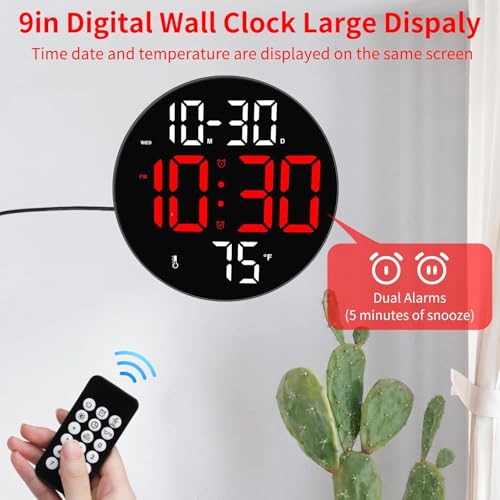 CandyHome Digital Wall Clock Large Display with Remote Control, Plug in LED Digital Alarm Clocks, 12/24Hr, Auto Brightness, Date, Week, Temperature, Non-Ticking for Living Room Bedroom Office (Red) - Image 4