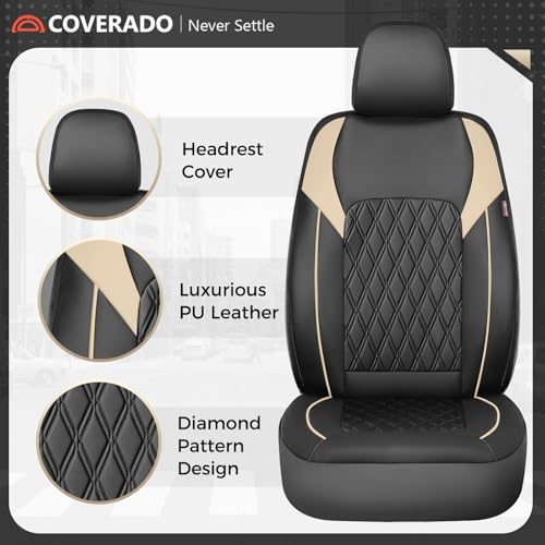 Image of Coverado Front Seat Covers, Car Seat Covers for Cars, Faux Leather Driver Seat Covers, Waterproof Car Seat Cushion, Front Auto Seat Covers Luxury Car Seat Protector Universal Fit Most Cars Black&Beige