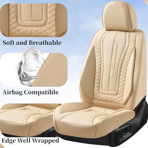 Image of Coverado Car Seat Covers for Front Seat, Leather Seat Covers for Cars, Front Seat Covers, Waterproof Car Seat Protectors Car Seat Cushions Universal for Most Vehicles, Beige
