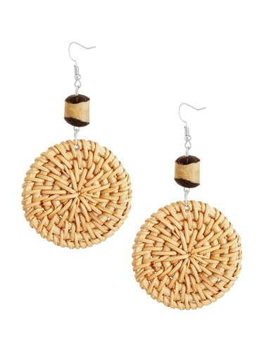 Image of MINACHI Boho Chic Handmade Rattan Wood Dangle Drop Earrings for Women, Bohemian Summer Beach Statement Jewelry Gift for Women