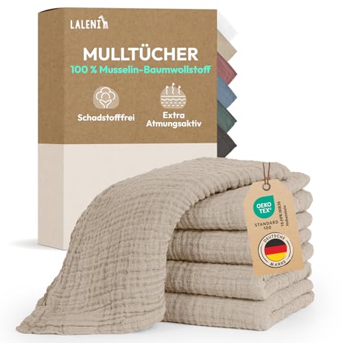 Laleni Spucktücher Baby im 5er Set aus Reiner Baumwolle - schadstofffreie Mulltücher weich 70x70 - saugstarke Mussellintücher Baby - Musselin Tuch als Mullwindel - waschbare Mulltücher - Beige