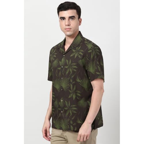 Image of Peter England Men's Cotton Blend Classic Fit Floral Print Casual Shirt | Cuban Collar, Half Sleeves | Casual Wear