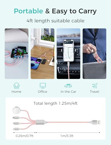 Image of 2Pack Multi Charging Cable for Apple Watch Charger 4 in 1 Travel Essentials RV Camping Essentials USB C /L /Micro Compatible with iWatch Series 11-1 /iPhone 17 /16 /15 /Android Airplane Gadgets-4FT /Pink