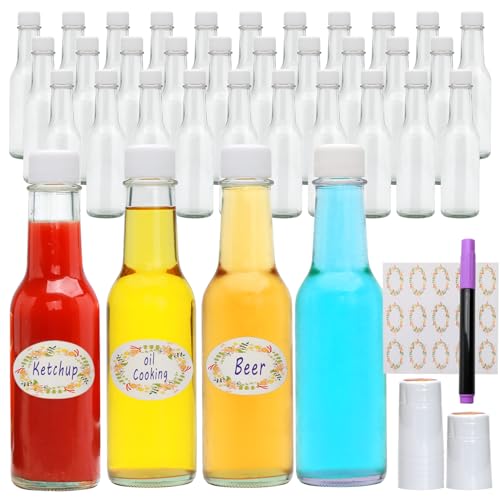 Datttcc 5ozHot Sauce Bottles, Small Glass Bottles with Lids, Mini Empty Glass,Refillable Sauce containers for Kitchen and Party,Pack of 35