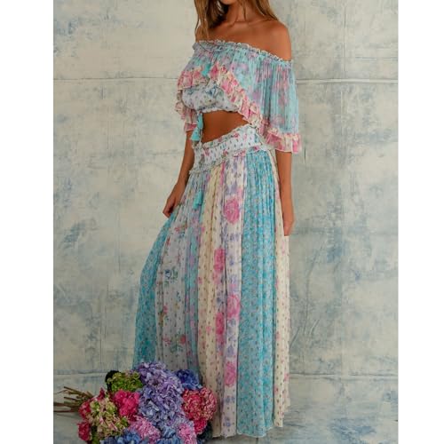 Meiweileya Women Y2k Boho Floral Two Piece Maxi Skirt Set Summer Off Shoulder Crop Tops Ruffle Flowy Going Out Long Skirts4