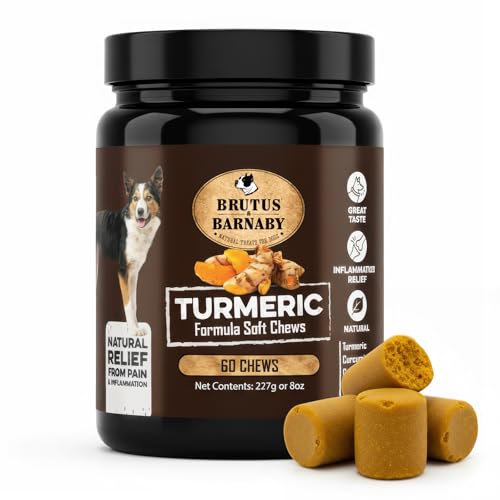 BRUTUS & BARNABY Turmeric for Dogs Anti Inflammatory Pain Relief - Curcumin for Dogs Chews with Collagen & Bioprene - Turmeric Supplement for Dogs Hips, Joint & Mobility Support (60 Count)