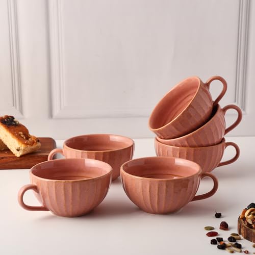 Image of Premium Pink Ceramic Tea Cup Set of 6 | Handmade Stoneware Coffee & Tea Mugs | 220 ml Each | Microwave, Dishwasher Safe | Textured Design | Chai Cups for Home, Office & Gifting