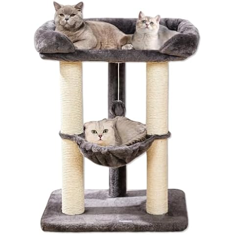 Happi N Pets 28" Cat Tree Tower for Indoor Cats, Tall Cat Scratching Post with Large Bed for Maine Coon Big Cats, Sisal Cat Scratcher with Soft Perch & Hammock, Stable Cat Stand, Removable Cover-Gray Cover