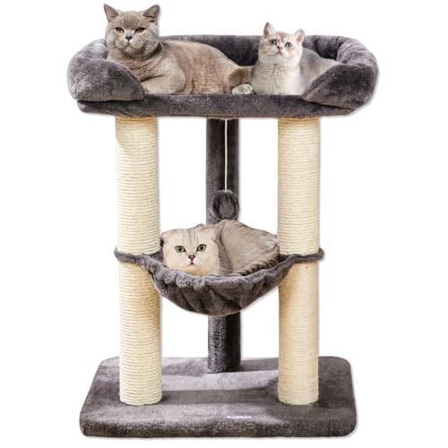 Happi N Pets Torre de árbol para gatos de interior de 28 pulgadas, poste rascador grande y alto con cama, rascador de sisal con percha suave y hamaca acogedora, soporte estable para gatos, funda