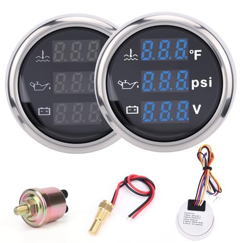 WODHMIEY 3 in 1 Gauge Kit 52mm Digital Oil Pressure Gauge, Water Temperature Gauge, Voltmeter for Car Truck Boat RV Motorcycle, Automotive Gauge Kit with Oil Pressure Sensor, Universal 12V (Blue 2)