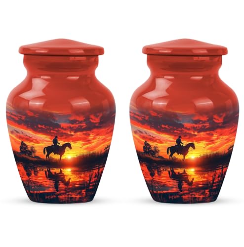 Image of Cowboy Urn - Small Keepsake Urns for Ashes Adult Male - Unique Cremation Urns for Human Ashes - Companion Urns for 2 Adults - Memorial Ash Containers - 3 inch Set of 2