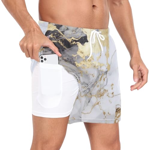 Mens Swim Trunks Quick Dry Swim Shorts with Pockets Liner Marble White Gold3