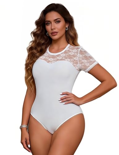 comeondear Body Mujer Vestir Manga Corta Bodysuit Encaje Bodycon Talla Grande Sexy Bodis Fiesta Elegante Elástico Lingerie Leotardo Tops Ropa Interior Transparente Lencería Jumpsuit Blanco,L