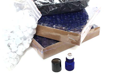 COBALT BLUE 1ml Glass Micro Mini Roll on Roller Bottles with Stainless Steel Roller Balls and Flat Black Caps 144 each.