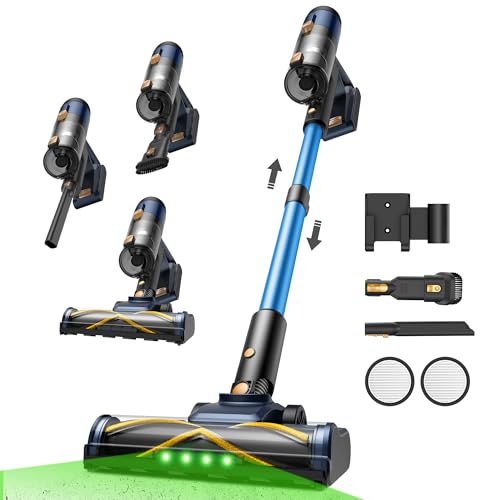 Vexilar Aspiradora sin Cable V12,Potente Succión 58KPa, Aspiradora Antienredos, Autonomía 50 Minutos, Filtración de 5 Etapas,Escoba Aspirador sin Cable para Suelo/Alfombra/Pelo de Mascotas/Coche