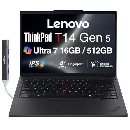 Image of Lenovo ThinkPad T14 Gen 5 AI Business Laptop 14.0 inch IPS FHD+ (Intel Core Ultra 7 155U(>i7-13700H), 16GB DDR5, 512GB SSD, Copilot, Backlit KB, Fingerprint, 2 Thunderbolt 4, 5MP Webcam, DKZ Hub, Win11P)