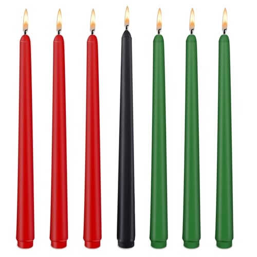 Decorative Taper Candles, Red, Green and Black Dripless Smokeless Candles, Unscented for Candle Holders and Home Decor, Yoga, Meditation, Patio, Table Decor, 7 Pieces