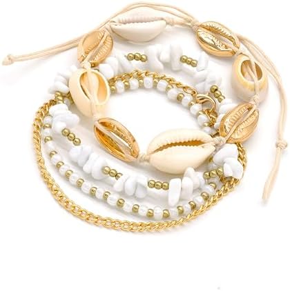 Shell Ankle Bracelet Set for Women, Gold Plated Boho Bead Adjusta...