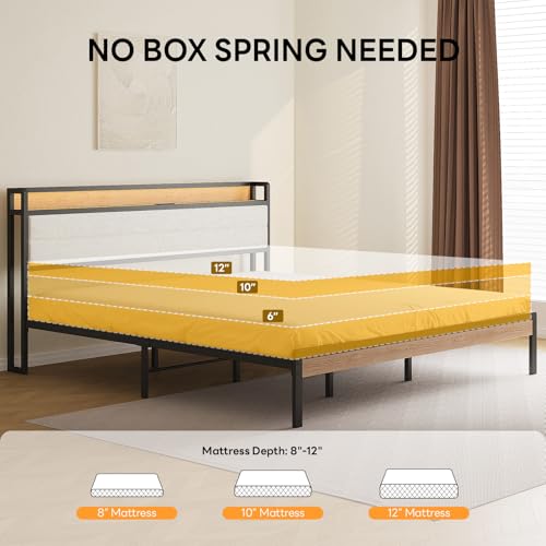 Image of LIKIMIO King Size Bed Frame, Storage Headboard with LED Lights and Charging Station, Metal Platform Bed No Box Spring Needed, Noise Free, Under Bed Storage, Natural and Cream