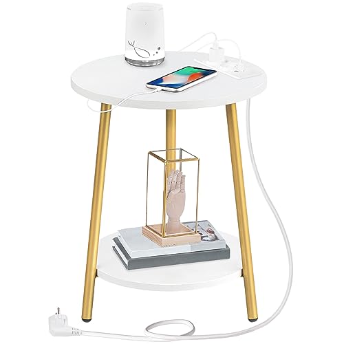 HOOBRO Beistelltisch mit Ladestation, runder Couchtisch mit 2 Ebenen, Wohnzimmertisch, Nachttisch für kleine Räume, Sofatisch für Wohnzimmer,...