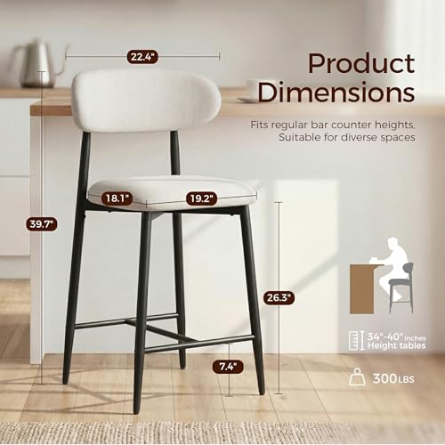 Image of AQO Counter Height Bar Stools Set of 2, Upholstered Counter Stools Modern Barstools with Metal Legs for Kitchen Island Dining Room, Black