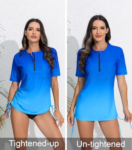 Halcurt Women's Half Zip Short Sleeve Rash Guard Swimsuit Top Ruched Swim Shirt UPF50+ Quick Dry Bathing Suit4
