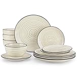vancasso Bonbon Dinner Set for 4, Double-Sided Handpainted Swirls Plates and Bowls Set, 12 Piece Crockery Set with Dinner Plates, Dessert Plates and Cereal Bowl, Beige