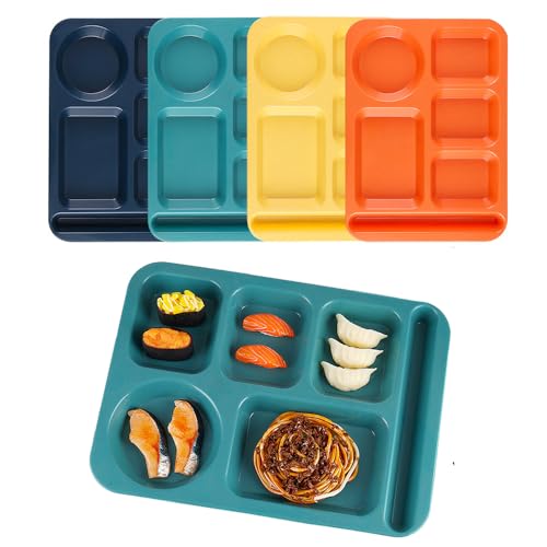 Unbreakable Divided Plates for Adults,4 Pack 14 Inch Reusable Portion Control Plate,6 Compartments Food Serving Tray for Kitchen Picnic,Dishwasher and Microwave Safe,Lightweight Plates for Daily Use