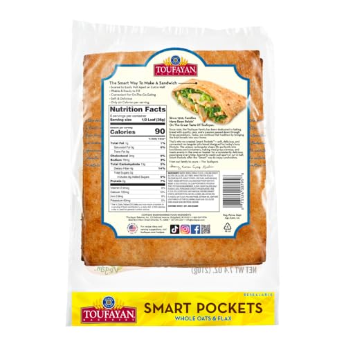 Image of Toufayan Whole Oats & Flax Smart Pockets Pita Bread | Pre-Cut & Scored Sandwich Pockets | Freeze on Arrival (3 Packs, 18 Total)