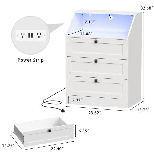 Image of Wodeer White Dresser 3 Drawer Nightstand, Wood Night Stand with LED Lights, Charging Station, Metal Handles, Modern Storage Cabinet and Organizer Drawers for Living Room, Hallway