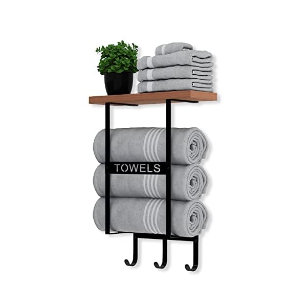 Towel Rack, ZUJJAFY Towel Racks for Bathroom Towel Storage Wall Mounted Towel Holder for Bathroom Wall Decor, Bath Wall Towel Organizer with Wooden Shelf and Hooks for Rolled Towels