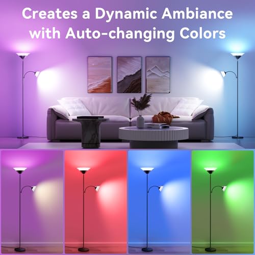 Image of SIBRILLE RGB Torchiere Floor Lamp, 2-in-1 Dimmable Standing Lamp with Remote & Button Control, 34W 360 Rotatable LED Reading Lamp, 72 inch Modern Tall Corner Lamp for Bedroom, Living Room, Office, Black