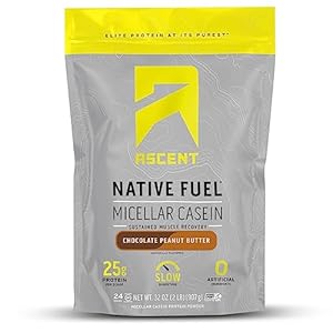 Ascent Casein Protein Powder – 25g Micellar Casein Powder with Zero Artificial Flavors & Sweeteners, Gluten Free, No Added Sugar, 4.9g BCAA, 2.2g Leucine – Chocolate Peanut Butter, 2 Pounds