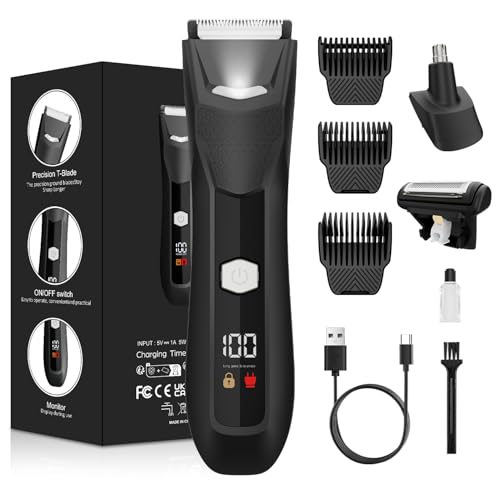 Body Hair Trimmer for Men, 3 in 1 Electric Ball Groin Razor Shaver, Pubic Hair Trimmer for Wet/Dry Use, Cordless Charging Mens Groomer Kits with Led Spotlight