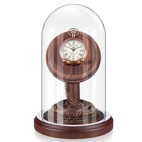Beeveer 4x7 Pocket Watch Glass Display Dome Cloche with Antique Walnut Classic Stand Clear Display Case Pocket Watch Stand Airtight Collectors Showcase for Memorabilia Coins Ornament Medal