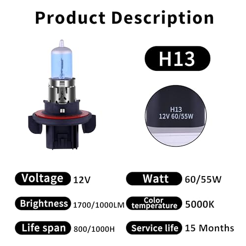 Image of H13 Headlight Bulb 9008 Halogen Headlight Bulbs 5000K Super White Light Long Life Replacement P26.4T 12V 55W /60W (H13 /9008, 2 Pack)