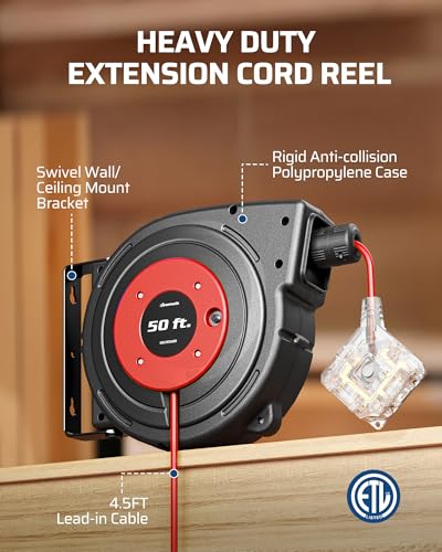 Image of DEWENWILS 6 Grounded Outlets Retractable Extension Cord Reel, 50FT Heavy Duty Power Cord, Llluminatedn /off Switch, Wall /Ceiling Mounted for Garage, Workshop, ETL Listed, Red